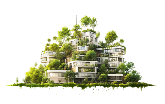 Futuristic city powered by green energy with trees on rooftops promoting sustainability and eco-friendly urban living isolated on white background PNG