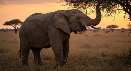 Naklejka premium Elephant Eating From Tree at Sunset