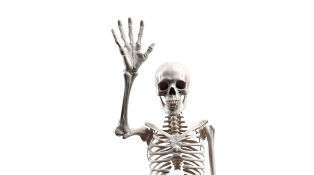 Skeleton raising hand in a peace sign isolated on transparent background	
