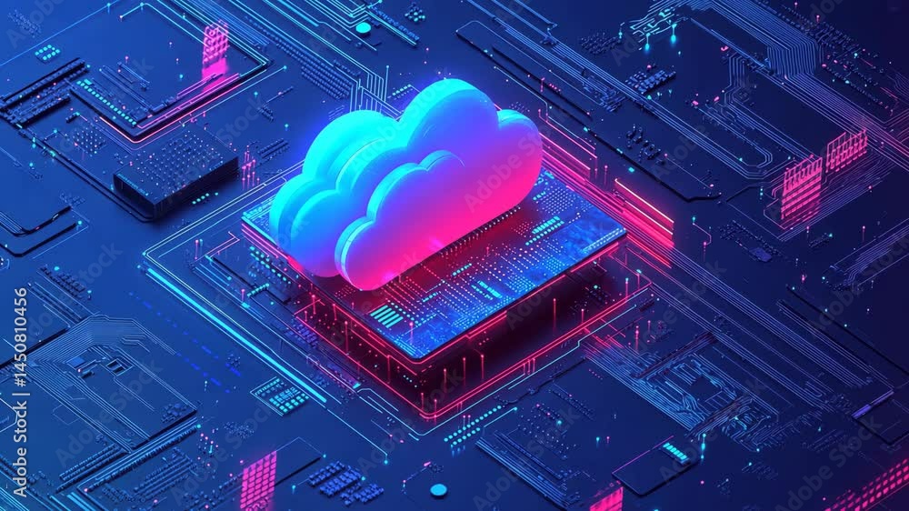 Aufkleber futuristic cloud computing visualization on circuit board with neon glows