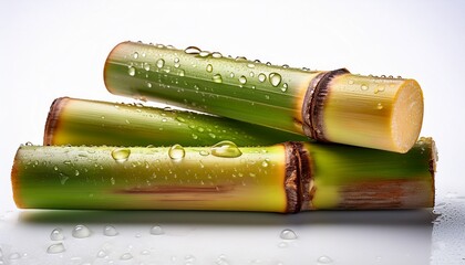 water droplets adorn fresh sugarcane stalks against a clean white background in bright lighting water drops sugarcane on white background