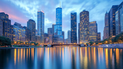 Fototapeta premium Picture a sleek city skyline filled with towering glass buildings and glowing lights.