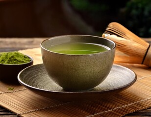 cup of japanese green tea on wooden table