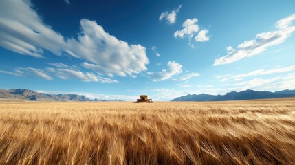 An expansive wheat field stretches towards distant mountains, with a busy combine harvester efficiently gathering golden crops under a vibrant sky, embodying rural productivity.