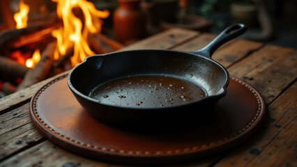 A skillet on a wooden table with fire in the background.