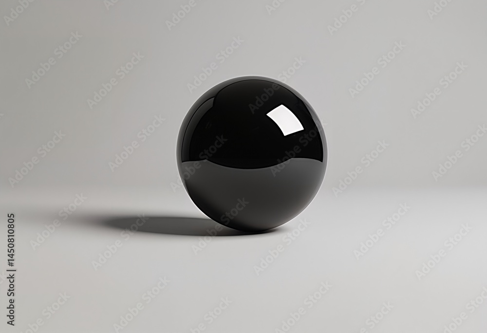 Poster a glossy black sphere casts a soft shadow on a neutral gray surface in a minimalist studio lighting 