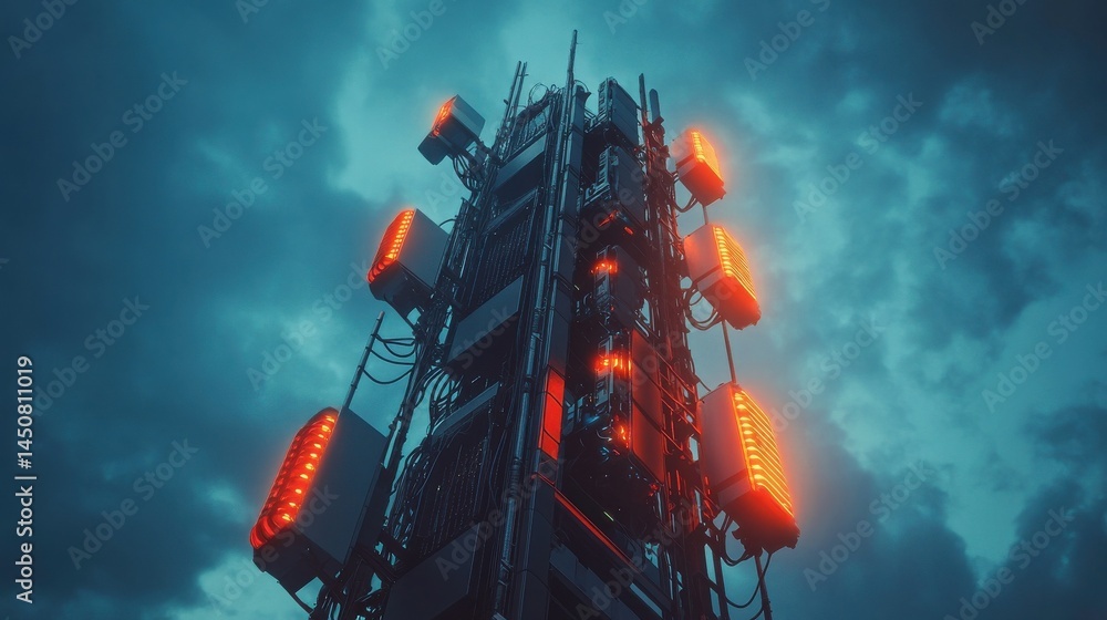 Poster 5g base station receiver on a telecommunication tower with network connections, generative ai