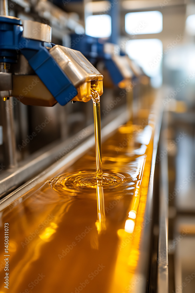 Poster fluid dispensing on automated system: precision in motion. golden liquid cascading onto conveyor. co