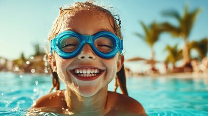 A delighted child swims joyfully in a pool, wearing fun goggles and radiating happiness, embodying the essence of summer leisure and childhood wonder.