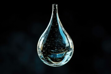 A single, teardrop-shaped glass filled with clear liquid hangs against a dark background.
