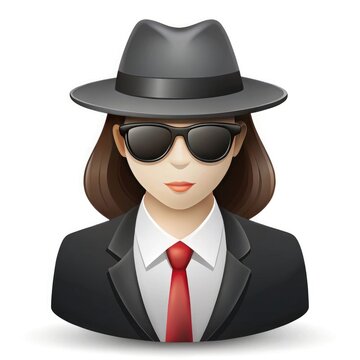Secret agent woman icon, female spy avatar, detective in fedora and suit