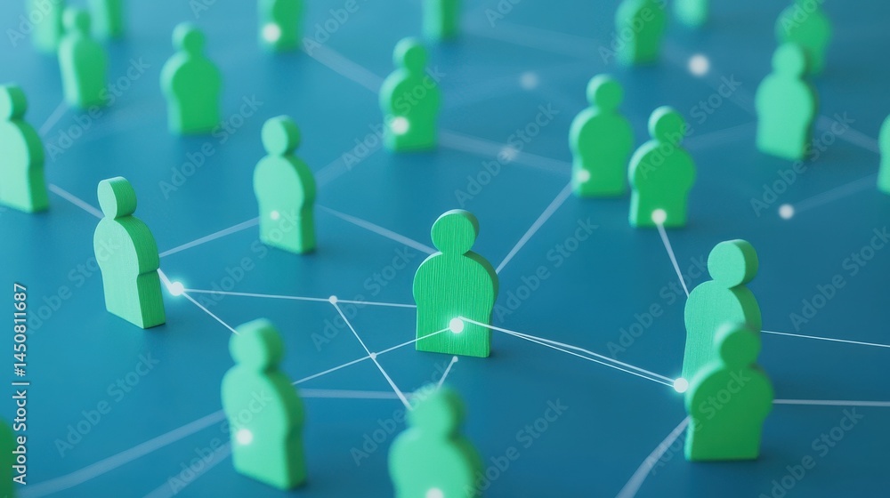 Poster team building and social networking concept with green wooden figures connected by white lines on bl