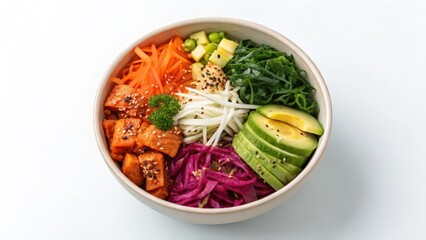 Vegan Poke Bowl with Tofu, Avocado, Pickled Cabbage, Carrots, Noodles, and Seaweed
