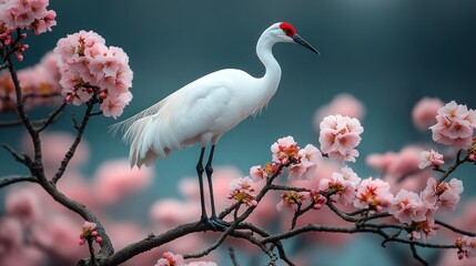 Elegant white crane amidst blooming pink cherry blossoms