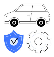 Simplistic car outline with blue shield checkmark and gear. Ideal for safety, maintenance, mechanics, quality, protection, reliability, simple landing page