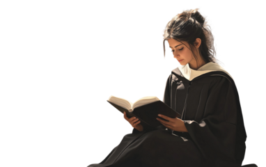 Proud graduate in a gown sitting cross-legged, immersed in a book, celebrating education and personal growth isolated on white background PNG