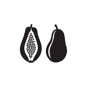 recommend clip art: Simple black and white papaya fruit illustration.A vector graphic of a whole and halved papaya.