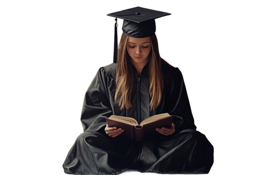 Girl in graduation gown sitting cross-legged, reading a book, reflecting on her academic achievements and future isolated on white background PNG