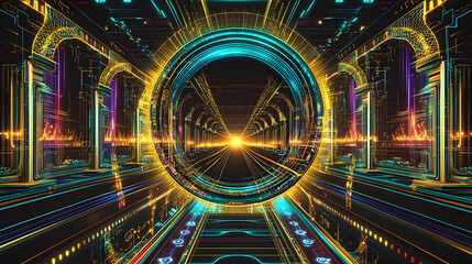 Digital Futuristic Tunnel With Glowing Rings And Neon Colors
