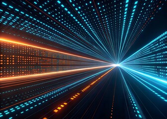 Fototapeta premium Data flow abstract visualization. A long, bright blue and orange line of dots. The blue and orange lines are connected and the dots are scattered throughout the image.