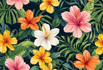 a vibrant and detailed tropical floral pattern showcases hibiscus and other exotic blooms against lush green foliage on a dark background.