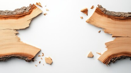 This image features two pieces of split wood on a clean white background, showcasing the texture and natural layers of the wood and its rustic charm.