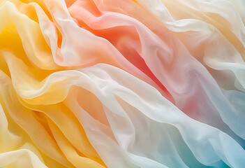 Fototapeta premium a softly draped, multi-hued sheer fabric displays flowing waves of pastel yellow, peach, and aqua tones.
