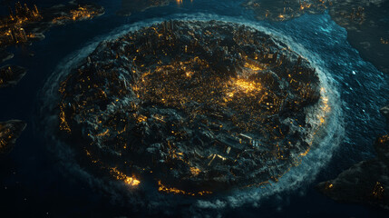 The Earth below should show city lights and subtle topography to reflect real geography.