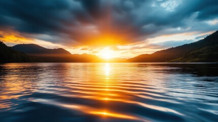A picturesque sunset illuminating the sky above a tranquil lake, showcasing vibrant colors reflecting on the water's surface amidst a serene natural setting.