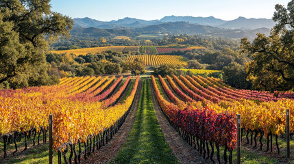 Rows of vibrant red and yellow grapevines stretch towards distant hills in a picturesque autumn vineyard