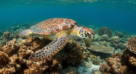 Obraz premium Sea Turtle Swimming Over Coral Reef