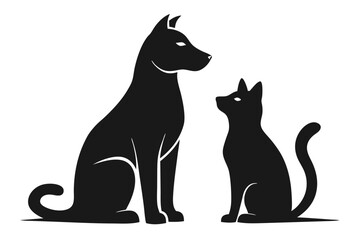 Black cat and dog sit facing each other in elegant monochrome silhouette on transparent backdrop