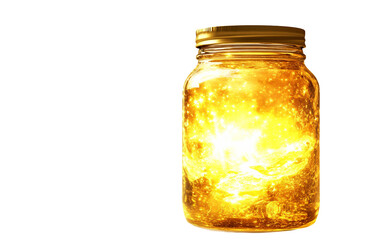 Glass jar filled with sunlight, symbolically capturing the essence of warmth and natural energy in a delicate container isolated on white background PNG