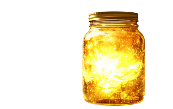 Glass jar filled with sunlight, symbolically capturing the essence of warmth and natural energy in a delicate container isolated on white background PNG