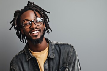 Obraz premium Professional Yet Relaxed Young Man with Dreadlocks and Glasses Smiling While Pointing – Urban Afro Style Portrait for Success, Lifestyle and Business Campaigns