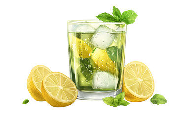 A chilled glass of herbal iced tea garnished with fresh lemon and mint, perfect for a cool summer refreshment isolated on white background PNG