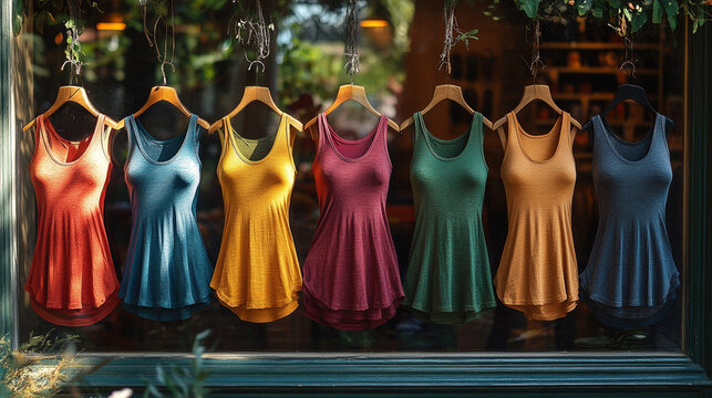 Seven colorful sleeveless shirts hang on wooden hangers in a shop window