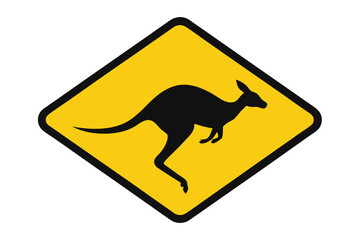 Black kangaroo silhouette hops across a yellow diamond caution sign, displayed against a transparent background