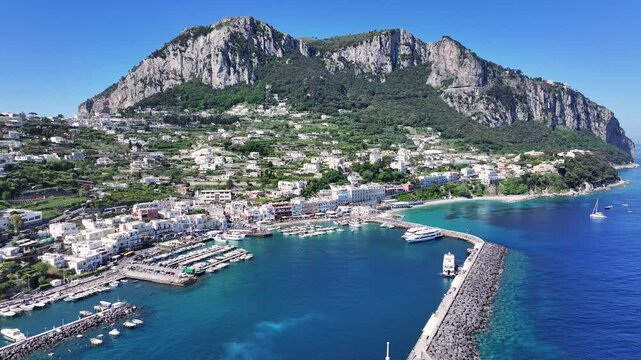 Capri Island At Naples In Campania Italy. Beach Landscape. Tourism Landmark. Capri Island At Naples In Campania Italy. Gulf Of Naples Skyline. Coastal Cityscape. Mediterranean Sea.