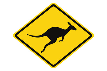Black kangaroo silhouette is depicted within a yellow diamond road sign, warning drivers