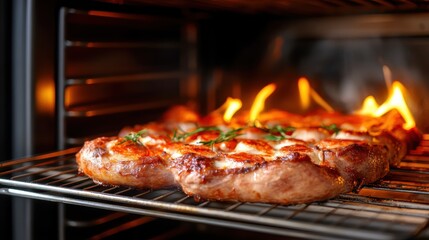 A tantalizing image of a flame-grilled meat dish in the oven, showcasing tender cuts topped with herbs, radiating flavors and enticing aromas that tempt any meat lover.