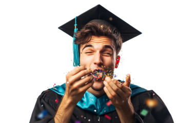 Young Graduate Joyfully Blowing Confetti from Hands to Celebrate Graduation Day isolated on white background PNG
