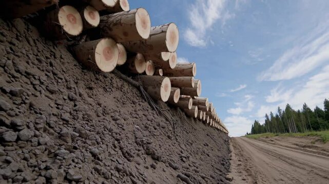 Stacked tree trunks lined up on elevated dirt embankment beside forest road under blue sky

