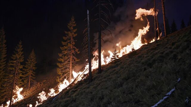 Wildfire rapidly burning up hillside in forest at night with intense flames consuming dry grass and trees

