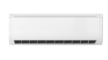 A close up view of a rectangular white air conditioning unit indoors isolated on transparent background	