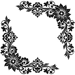 Abstract floral frame design features a black and white vector pattern with ornate swirls and vintage floral elements