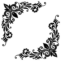 Abstract floral frame design features a black and white vector pattern with ornate swirls and vintage floral elements