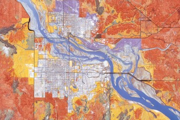 Conceptual Floodplain Zoning Map Illustrating Land Use and Flood Risk in a River Basin Area Surrounded by Urban Development