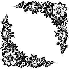 Abstract floral frame design features a black and white vector pattern with ornate swirls and vintage floral elements