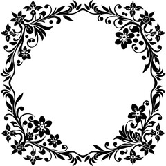 A vintage black and white floral frame features a delicate flower pattern with ornate leaf and swirl elements, perfect as a decorative border for an elegant invitation card.